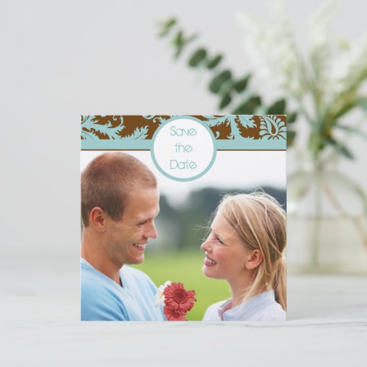 Aqua Blue Damask over de uitnodiging tot brute bru (Staand voorkant)