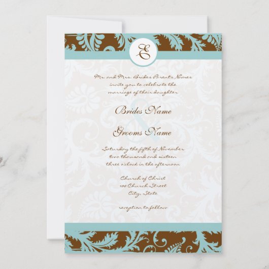 Aqua Blue Damask over de uitnodiging tot brute bru (Achterkant)