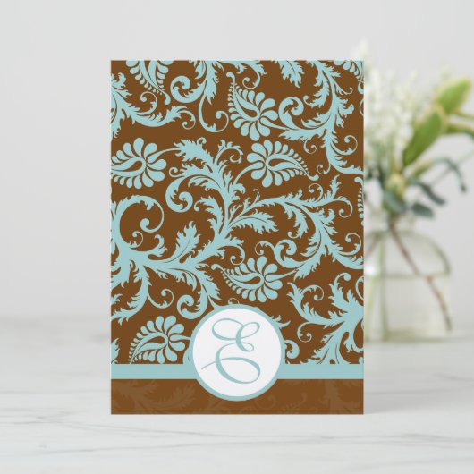 Aqua Blue Damask over de uitnodiging tot brute bru (Staand voorkant)