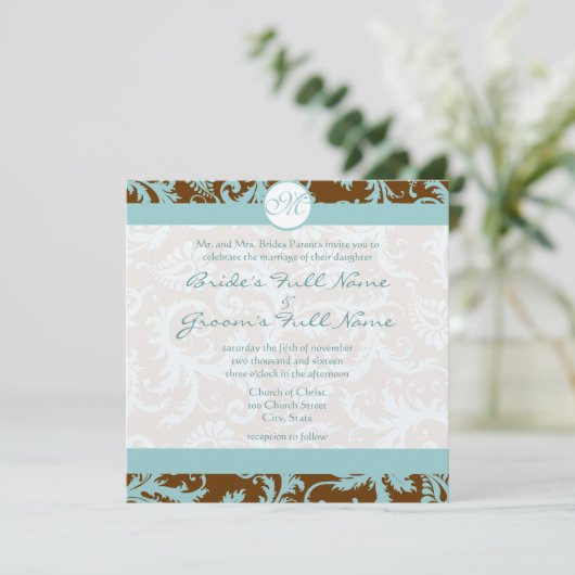 Aqua Blue Damask over de uitnodiging tot brute bru (Staand voorkant)