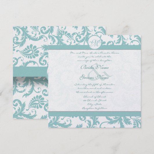 Aqua Blue Damask Swirls Wedding Invitation Kaart (Voorkant / Achterkant)