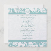 Aqua Blue Damask Swirls Wedding Invitation Kaart (Voorkant)