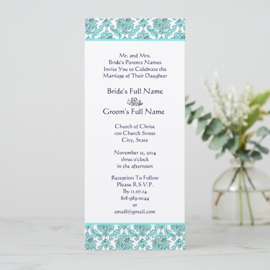 Aqua Blue Damask Swirls Wedding Invitation Kaart (Staand voorkant)