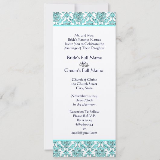 Aqua Blue Damask Swirls Wedding Invitation Kaart (Voorkant)
