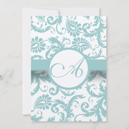 Aqua Blue Damask Swirls Wedding Invitation Kaart (Achterkant)