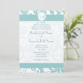 Aqua Blue Damask Swirls Wedding Invitation Kaart (Staand voorkant)