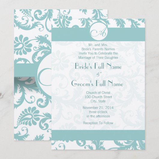 Aqua Blue Damask Swirls Wedding Invitation Kaart (Voorkant / Achterkant)