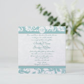 Aqua Blue Damask Swirls Wedding Invitation Kaart (Staand voorkant)
