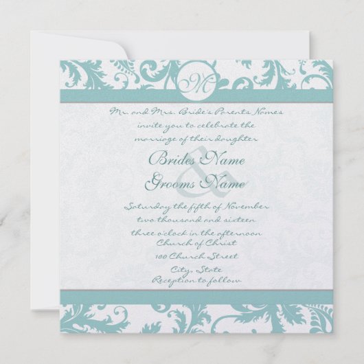 Aqua Blue Damask Swirls Wedding Invitation Kaart (Voorkant)
