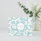 Aqua Blue Damask Swirls Wedding Invitation Kaart (Staand voorkant)
