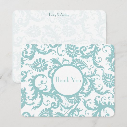Aqua Blue Damask Swirls Wedding Invitation Kaart (Voorkant / Achterkant)