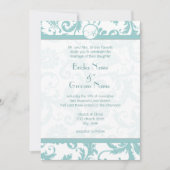Aqua Blue Damask Swirls Wedding Invitation Kaart (Voorkant)