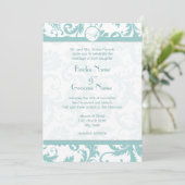 Aqua Blue Damask Swirls Wedding Invitation Kaart (Staand voorkant)