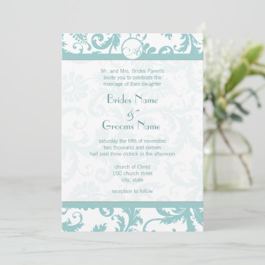 Aqua Blue Damask Swirls Wedding Invitation Kaart (Staand voorkant)