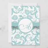 Aqua Blue Damask Swirls Wedding Invitation Kaart (Achterkant)
