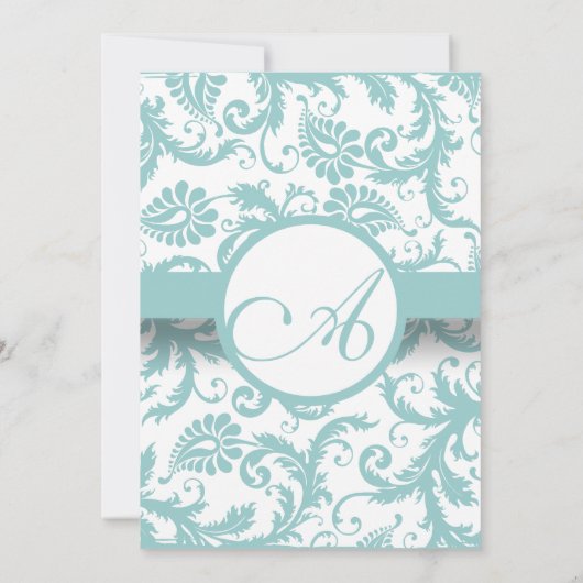Aqua Blue Damask Swirls Wedding Invitation Kaart (Achterkant)