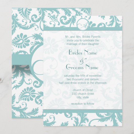 Aqua Blue Damask Swirls Wedding Invitation Kaart (Voorkant / Achterkant)