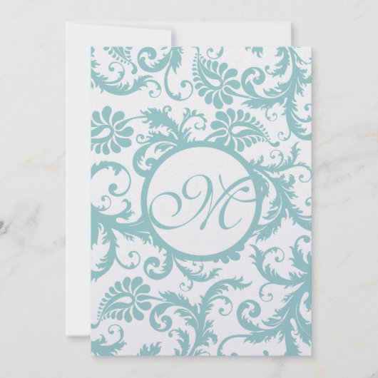 Aqua Blue Damask Swirls Wedding Invitation Kaart (Voorkant)