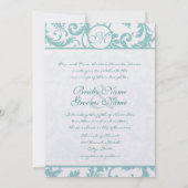 Aqua Blue Damask Swirls Wedding Invitation Kaart (Achterkant)