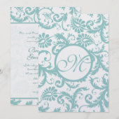 Aqua Blue Damask Swirls Wedding Invitation Kaart (Voorkant / Achterkant)