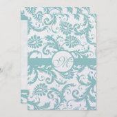 Aqua Blue Damask Swirls Wedding Invitation Kaart (Voorkant / Achterkant)