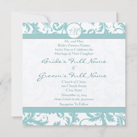 Aqua Blue Damask Swirls Wedding Invitation Kaart (Voorkant)