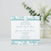 Aqua Blue Damask Swirls Wedding Invitation Kaart (Staand voorkant)