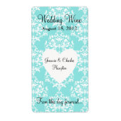 Aqua Blue Damask Wedding Mini Wine Label (Voorkant)