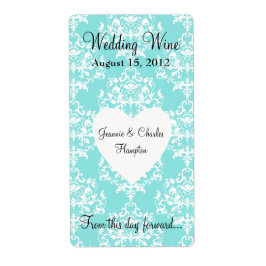 Aqua Blue Damask Wedding Mini Wine Label