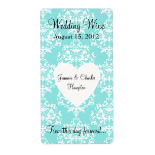 Aqua Blue Damask Wedding Mini Wine Label