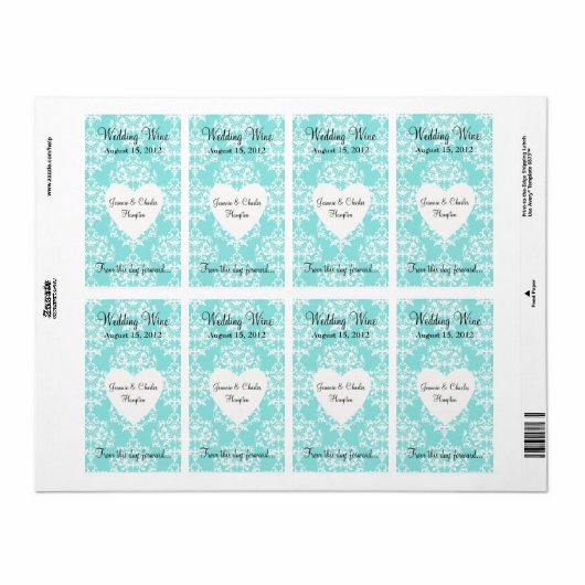 Aqua Blue Damask Wedding Mini Wine Label (Full Sheet)
