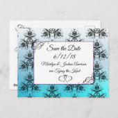 Aqua Blue Damask Wedding Save the Date Briefkaart (Voorkant / Achterkant)