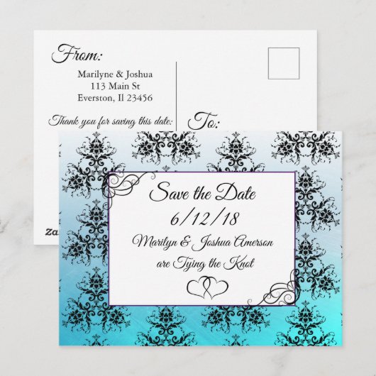 Aqua Blue Damask Wedding Save the Date Briefkaart (Voorkant / Achterkant)