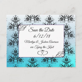 Aqua Blue Damask Wedding Save the Date Briefkaart