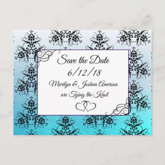 Aqua Blue Damask Wedding Save the Date Briefkaart (Voorkant)