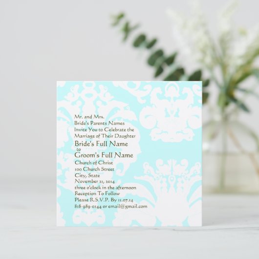 Aqua Blue Damask Wedding Uitnodiging (Staand voorkant)