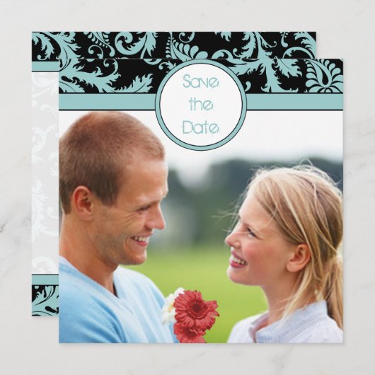 Aqua Blue Damast op Zwarte Trouw Uitnodiging (Voorkant / Achterkant)