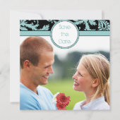 Aqua Blue Damast op Zwarte Trouw Uitnodiging (Voorkant)