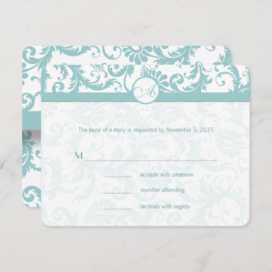 Aqua Blue Damast Wervelende Trouw Uitnodiging (Voorkant / Achterkant)