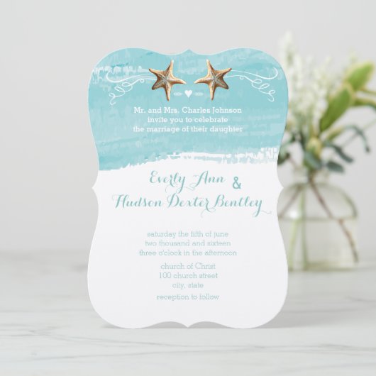 Aqua Blue Destination Beach Starfish Wedding Kaart (Staand voorkant)