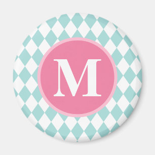 Aqua Blue Diamonds Pattern Pink Monogram Magneet