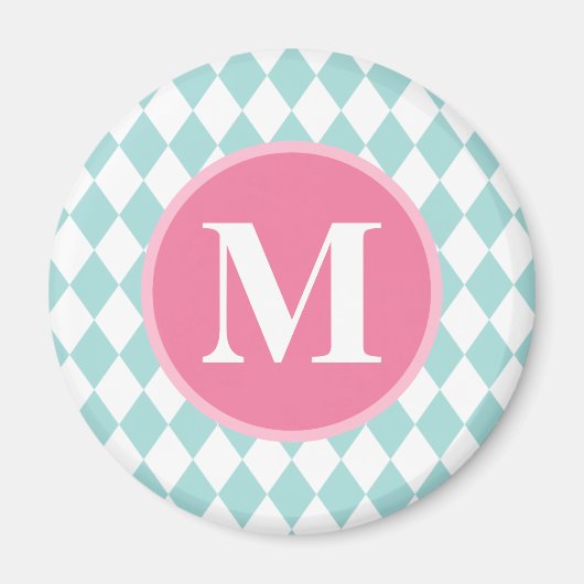 Aqua Blue Diamonds Pattern Pink Monogram Magneet (Voorkant)