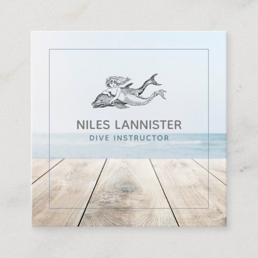 Aqua Blue Dive Instructor Mermaid Dolphin Vierkante Visitekaartje (Voorkant)