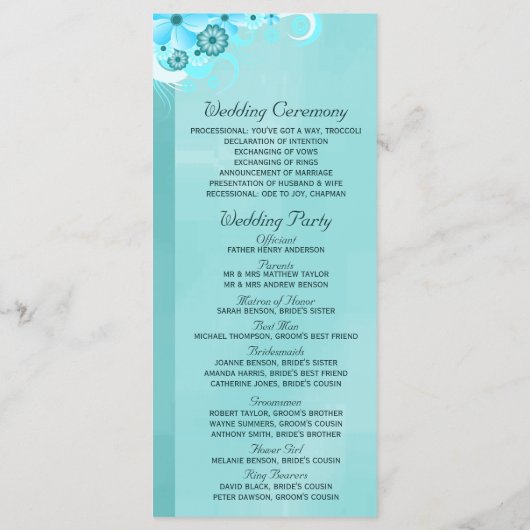 Aqua Blue Donker Blauwgroen Bloemen Trouwprogramma Programmakaart (Achterkant)