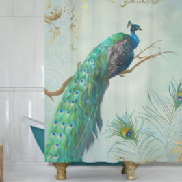 Aqua Blue Elegant Peacock n Feathers Tree Branch Douchegordijn