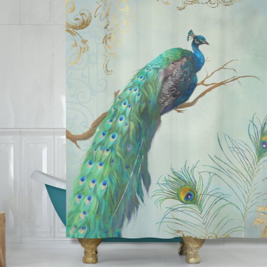 Aqua Blue Elegant Peacock n Feathers Tree Branch Douchegordijn