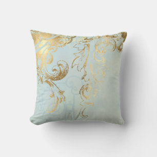 Aqua Blue Elegante Peacock Feathers Gouden Scroll  Kussen