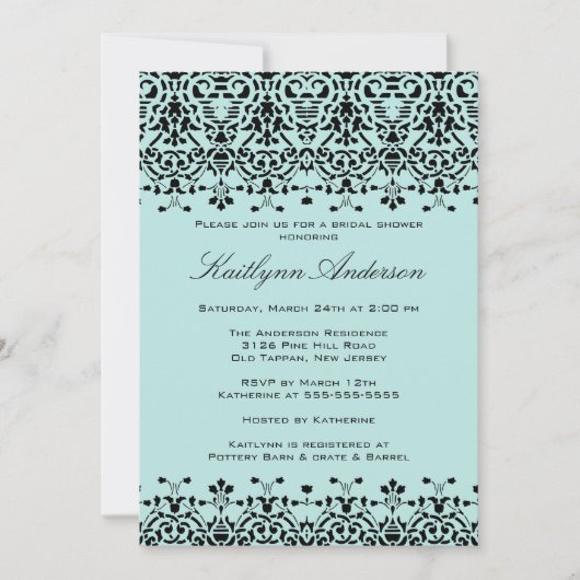 Aqua Blue en Black Damask Bridal Shower Invitation Kaart (Voorkant)