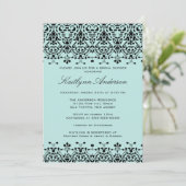 Aqua Blue en Black Damask Bridal Shower Invitation Kaart (Staand voorkant)