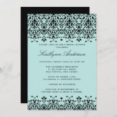 Aqua Blue en Black Damask Bridal Shower Invitation Kaart (Voorkant / Achterkant)